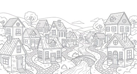 Black and white village illustration