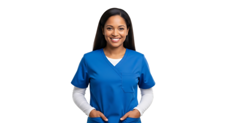 Portrait of a smiling woman wearing a blue scrub top with hands in her pockets looking at the viewer on transparent background