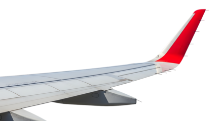 View of an airplane wing with a red tail fin against a featureless void in a high angle shot on transparent background