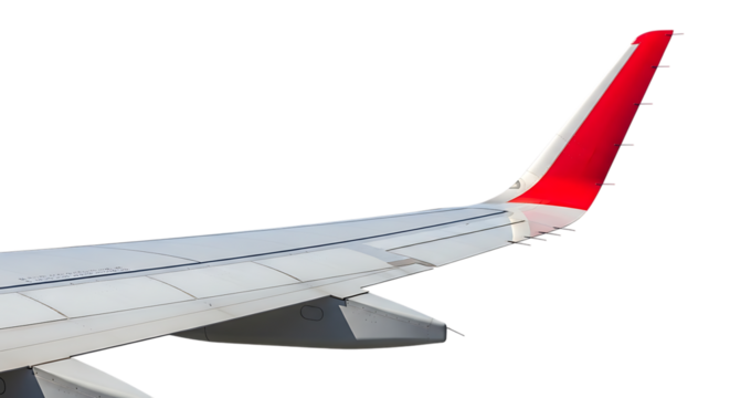 View of an airplane wing with a red tail fin against a featureless void in a high angle shot on transparent background - Powered by Adobe