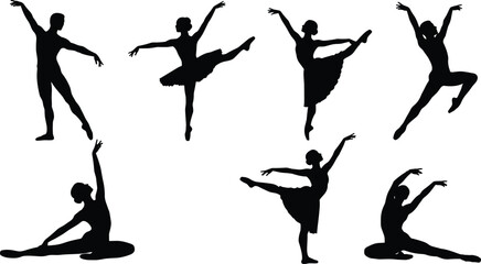 Ballet dancer silhouettes in graceful poses, ballerina vector art, classical dance movement, elegant choreography, stage performance, artistic expression, illustration design