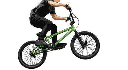 Fototapeta premium Illustration of a person performing an exciting stunt on a green BMX bike, showcasing freestyle cycling action