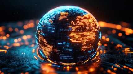 Glowing digital globe with illuminated circuits and bright orange and blue data streams representing technology and connectivity