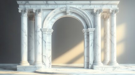 Naklejka premium Large classical marble arch with fluted columns and intricate carvings illuminated by soft natural light