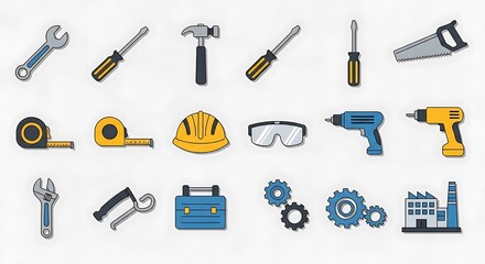 Collection of tools for construction and repair work.