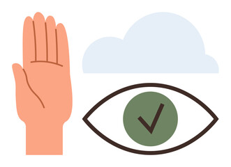 Hand raising for stopping or signaling, eye with checkmark for validation, and cloud for clarity. Ideal for communication, approval, safety, clarity, validation guidance decision-making. Simple