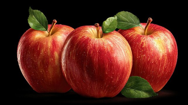 Three red apples with leaves on black background