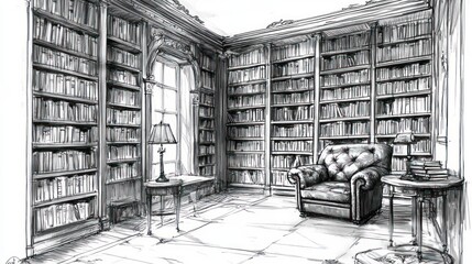 Cozy corner of a classic library with tall bookshelves filled with books, a cushioned armchair, side tables with lamps and stacked books, inviting quiet reading and relaxation