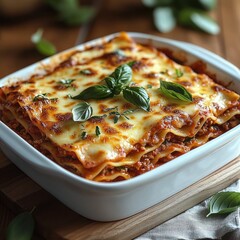 Baked layered lasagna with melted cheese and fresh basil leaves in a white ceramic dish on a wooden board