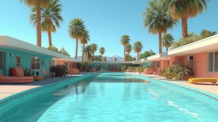 Outdoor swimming pool surrounded by pastel-colored motel buildings and tall palm trees under clear blue sky with distant mountains