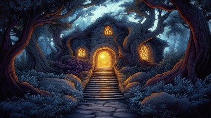 A mystical stone house with warm glowing windows nestled in an enchanted forest surrounded by ancient twisted trees and blue-toned foliage, evoking a magical and serene atmosphere