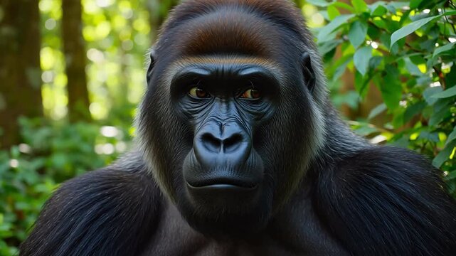 Powerful western lowland gorilla with an intense stare in a lush green forest environment