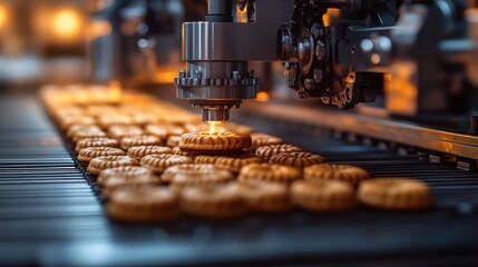 Automated production line with machine processing round cookies on conveyor belt in food manufacturing factory