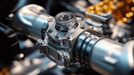 Obraz premium Close-up of a shiny metallic mechanical component with bolts and cylindrical parts in an industrial setting