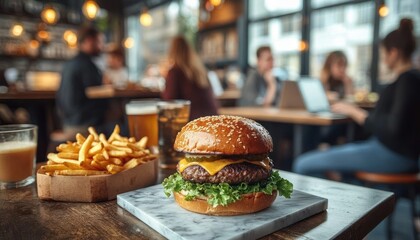 Juicy cheeseburger with lettuce on sesame bun served on marble slab with fries and drinks in a cozy modern restaurant setting with blurred diners