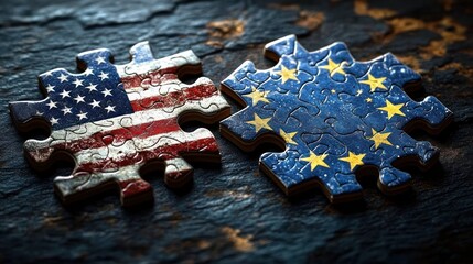Two close-up puzzle pieces on a textured surface featuring the American flag and the European Union flag representing unity or connection