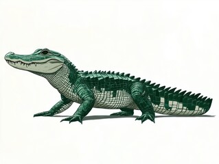 Fototapeta premium Detailed illustration of a large green alligator with textured scales and sharp claws standing on a light background