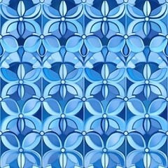Fototapeta premium Seamless repeating pattern of overlapping four-petal flowers in various shades of blue with a smooth, glossy texture