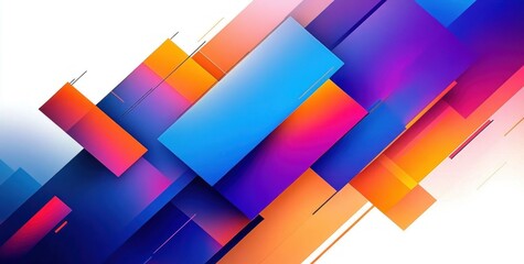 Dynamic abstract composition with overlapping vibrant rectangles and gradients in blue, purple, orange, and pink tones conveying energy and motion