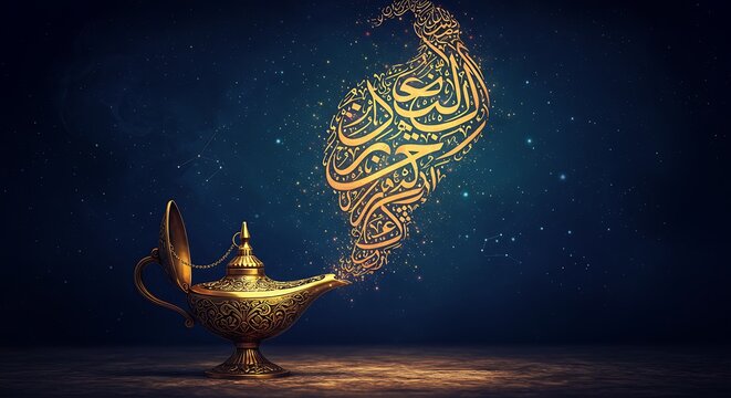 Magic Lamp Genie emerging with elegant Arabic calligraphy against a starlit backdrop.