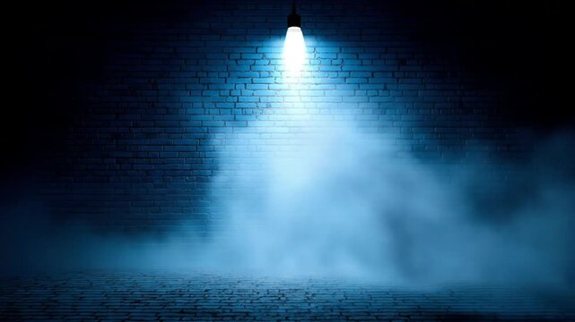 A dimly lit alleyway bathed in a cool blue light, illuminated by a single spotlight, creates a dramatic atmosphere.