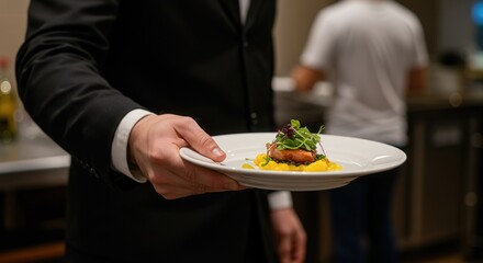 Professional waiter holding a gourmet dish, elegant, serving a customer, restaurant kitchen background