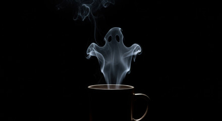 Ghost-shaped steam, whimsical, rising from a hot coffee cup, spooky Halloween concept on a black background