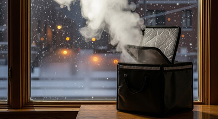 Steaming food delivery bag, comforting, a warm meal arriving, snowy winter evening background