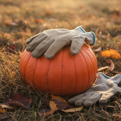 Pumpkin with work gloves, rustic, autumn harvest concept, golden hour field
