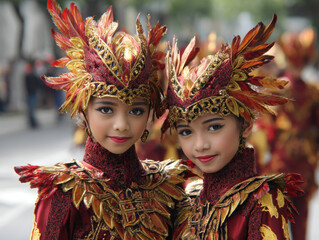 Colorful costumes worn by girls at cultural parade with feathers and intricate designs in vibrant hues of red and gold during festive celebration outdoors in city