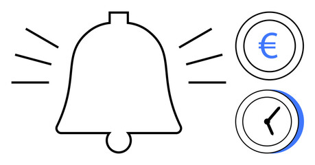 Alert bell with sound waves, euro sign in a circle, and clock icon highlights reminders, financial awareness, promptness, deadlines, notifications, task management efficient planning. A simple flat