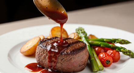 Gourmet steak dinner, savory, sauce being poured over filet mignon, elegant restaurant setting