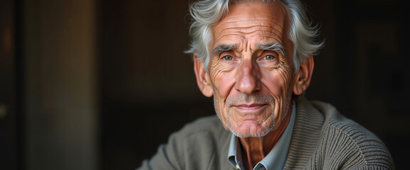 Elderly man with gray hair looking thoughtfully indoors  