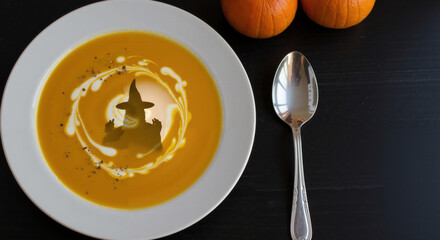 Festive pumpkin soup with a witch reflection, orange and black, fun Halloween meal concept