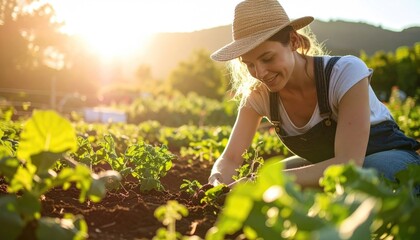 Woman Gardening at Sunset
