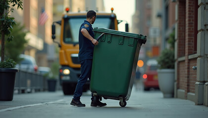 Sanitation worker collecting green trash bin on urban street  