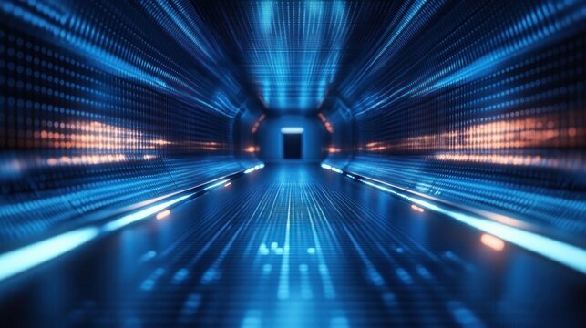 Futuristic digital tunnel corridor illuminated with blue and orange lights creating a glowing, immersive high-tech atmosphere