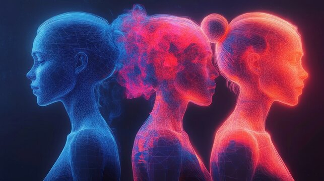Three stylized female profiles in wireframe with glowing neon lines in blue and red, representing diverse hair types and contemplative mood