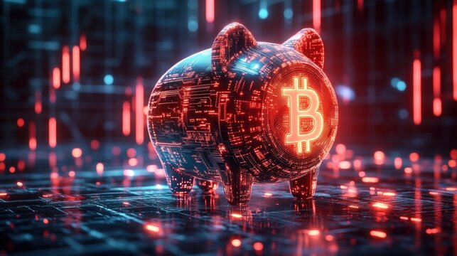 Digital glowing piggy bank with bitcoin symbol representing cryptocurrency savings with vibrant red and blue circuit board light effects