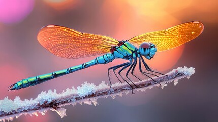 close-up of a bright blue dragonfly perched on a frost-covered twig with glowing orange wings against a soft colorful background