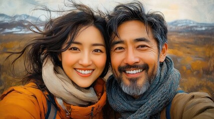 Happy middle-aged couple smiling warmly taking a selfie outdoors with autumn landscape and snowy mountains in the background