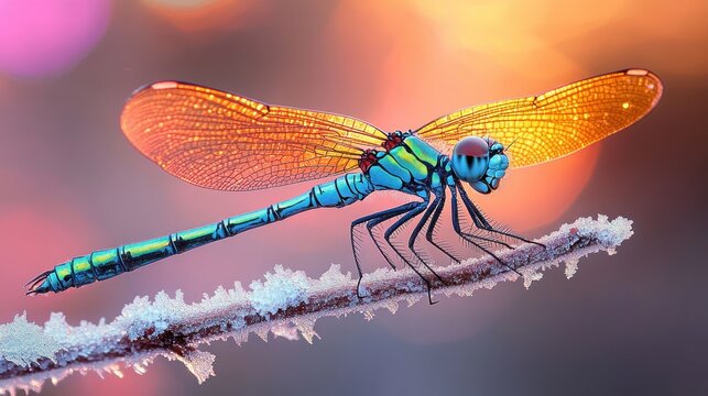 close-up of a bright blue dragonfly perched on a frost-covered twig with glowing orange wings against a soft colorful background - Powered by Adobe