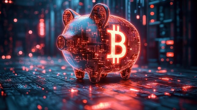 Digital piggy bank glowing with red and orange circuitry patterns and bitcoin symbol on a futuristic circuit board background
