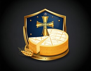 Gold shield emblem with a wedge of cheese and wheat