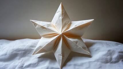 white origami star with eight pointed tips placed on a wrinkled fabric surface with soft lighting and neutral background