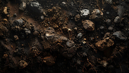 Close-up view of dark soil with rocks, roots, and organic matter, showing texture and detail.
