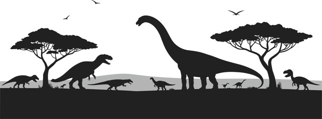 Collection of various black silhouette dinosaur vectors for prehistoric, wild life, and nature designs © Creative _design