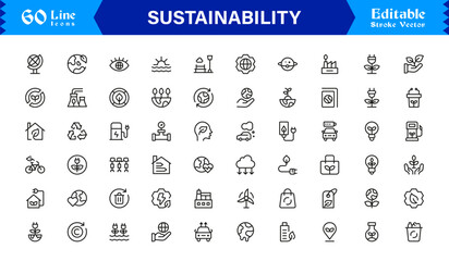 Sustainability modern professional line icon set, clean minimal vector collection for eco-friendly concepts, green energy, nature conservation, environment, and recycling