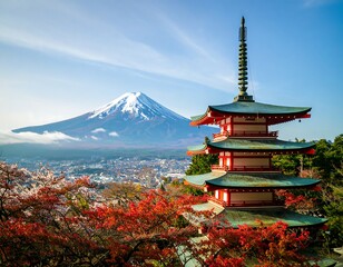 Panoramic autumn view of Fuji and pagoda