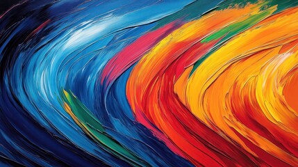 Vibrant abstract painting with dynamic swirling strokes of blue, red, orange, yellow, and green colors creating energetic movement and vivid contrast